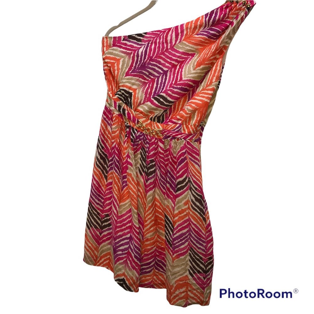 trina turk pink orange chevron Goddess one shoulder dress 4